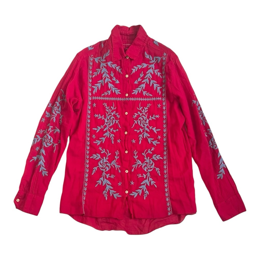 Johnny Was Workshop Embroidered Red Cotton Button Down